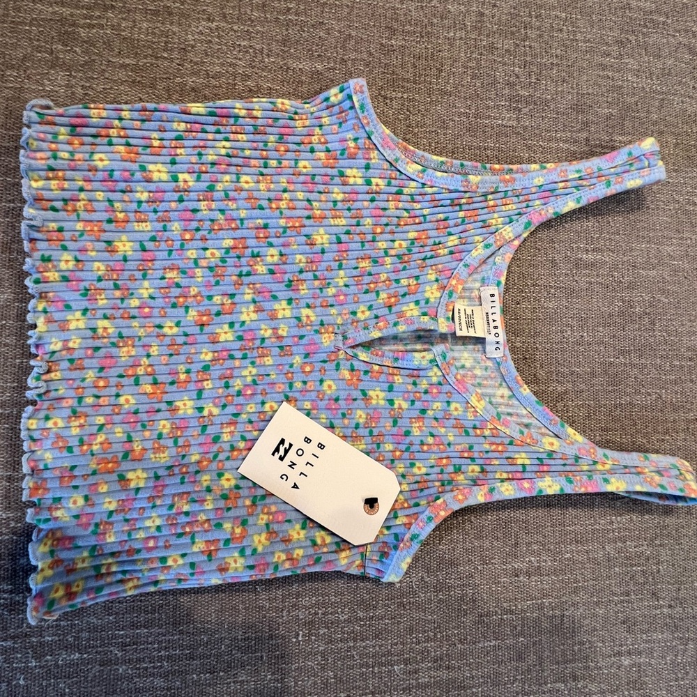 Billabong Floral Blue and Pink Ribbed Tank Top
